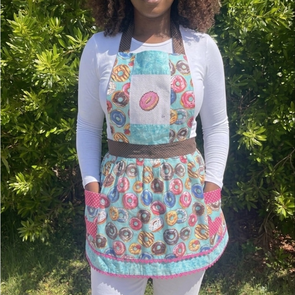 Donut Print Apron with Pockets - Turquoise & Pink